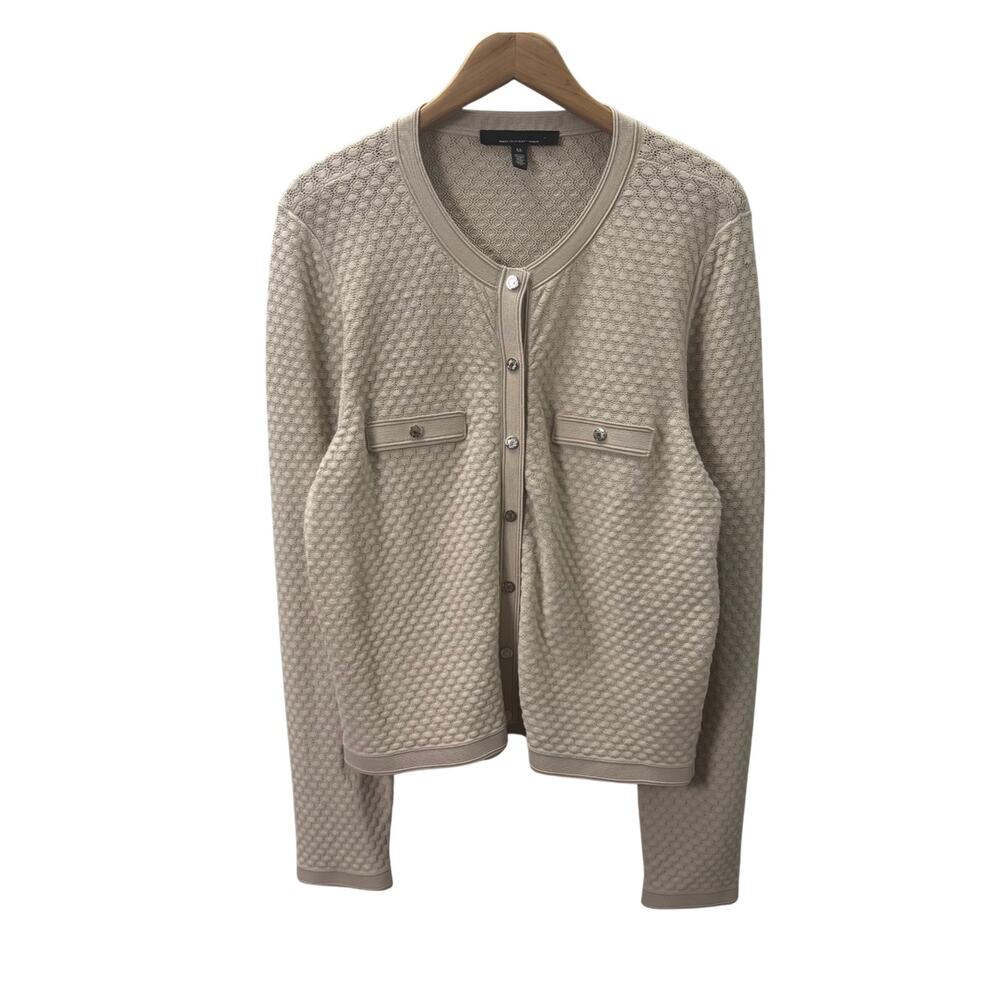 White House Black Market Novelty Stitch Crew Cardigan Sweater XL Beige WHBM